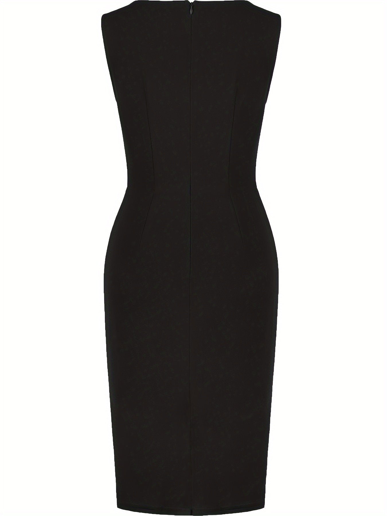 Elegant Asymmetrical Hem Pencil Dress - Stretch Knit Fabric, All-Season Solid Crew Neck