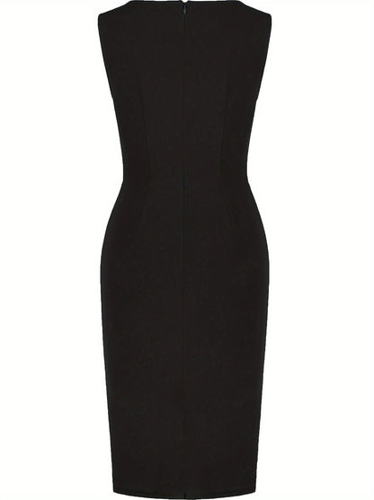 Elegant Asymmetrical Hem Pencil Dress - Stretch Knit Fabric, All-Season Solid Crew Neck