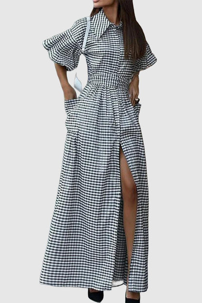 Elegant Checkered Pocketed Shirt Dress with Turn-Down Collar
