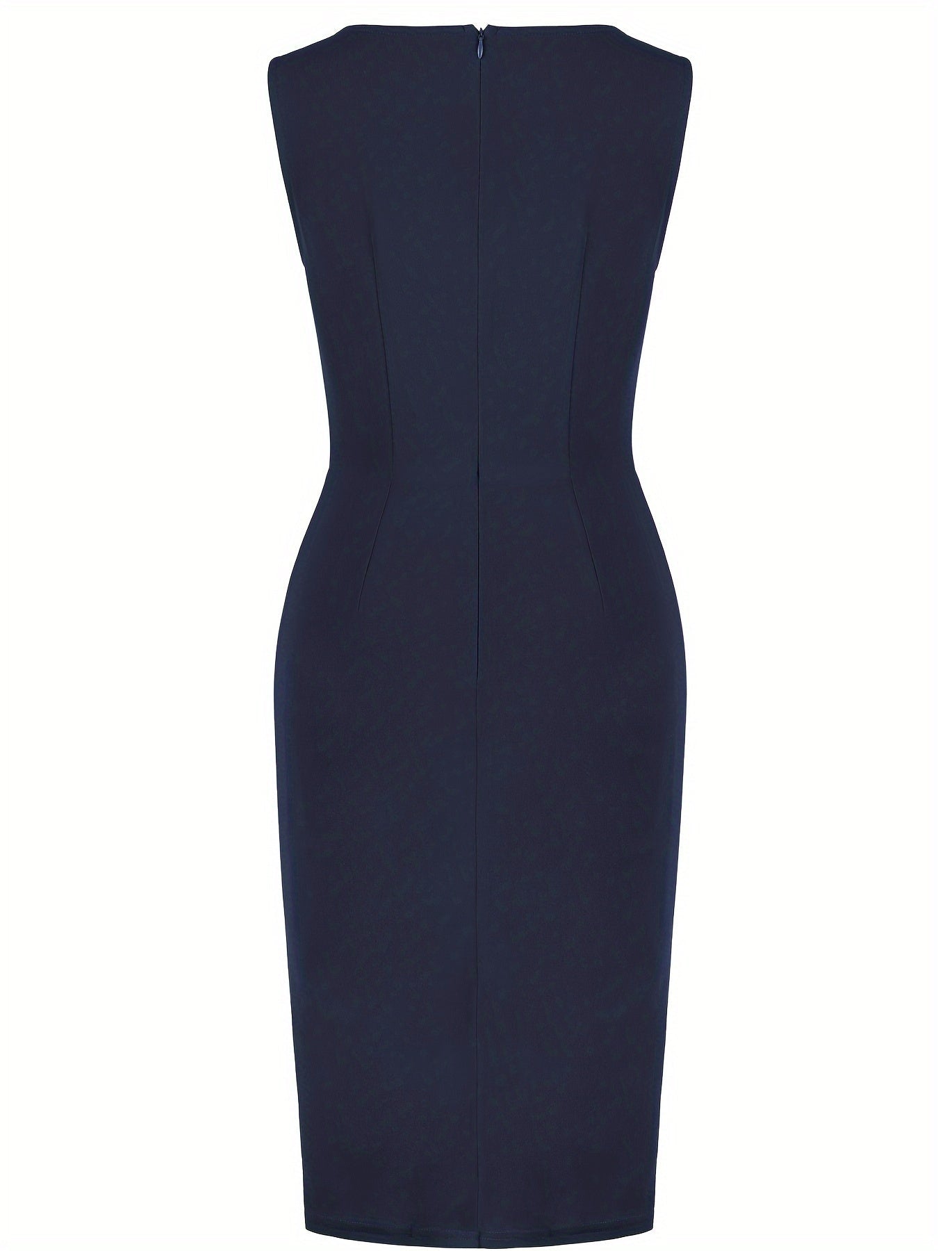 Elegant Asymmetrical Hem Pencil Dress - Stretch Knit Fabric, All-Season Solid Crew Neck
