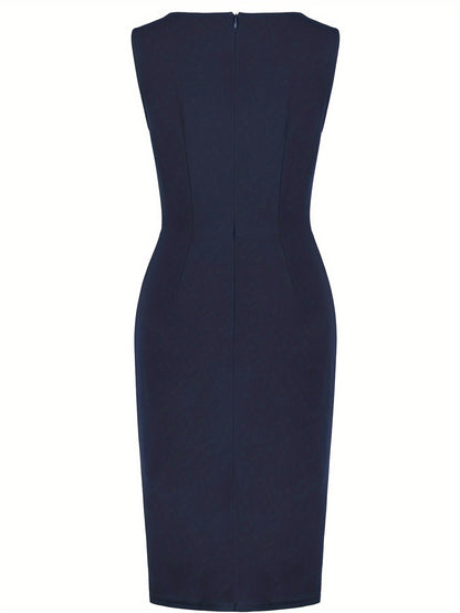 Elegant Asymmetrical Hem Pencil Dress - Stretch Knit Fabric, All-Season Solid Crew Neck