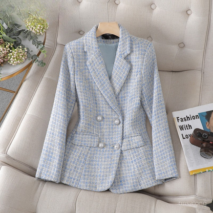 Checked Blazer Jacket - Slim Fit Tailored Checkered Design for Women