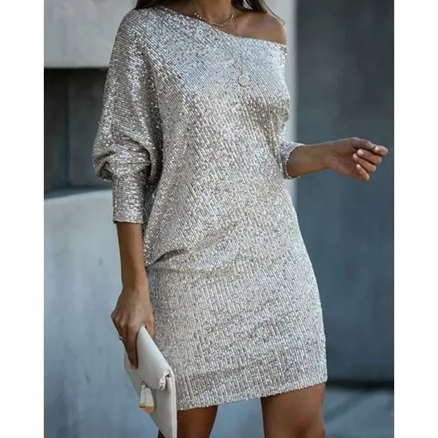 Contrast Sequin Off-Shoulder Mini Dress - Party-Ready Glam Look
