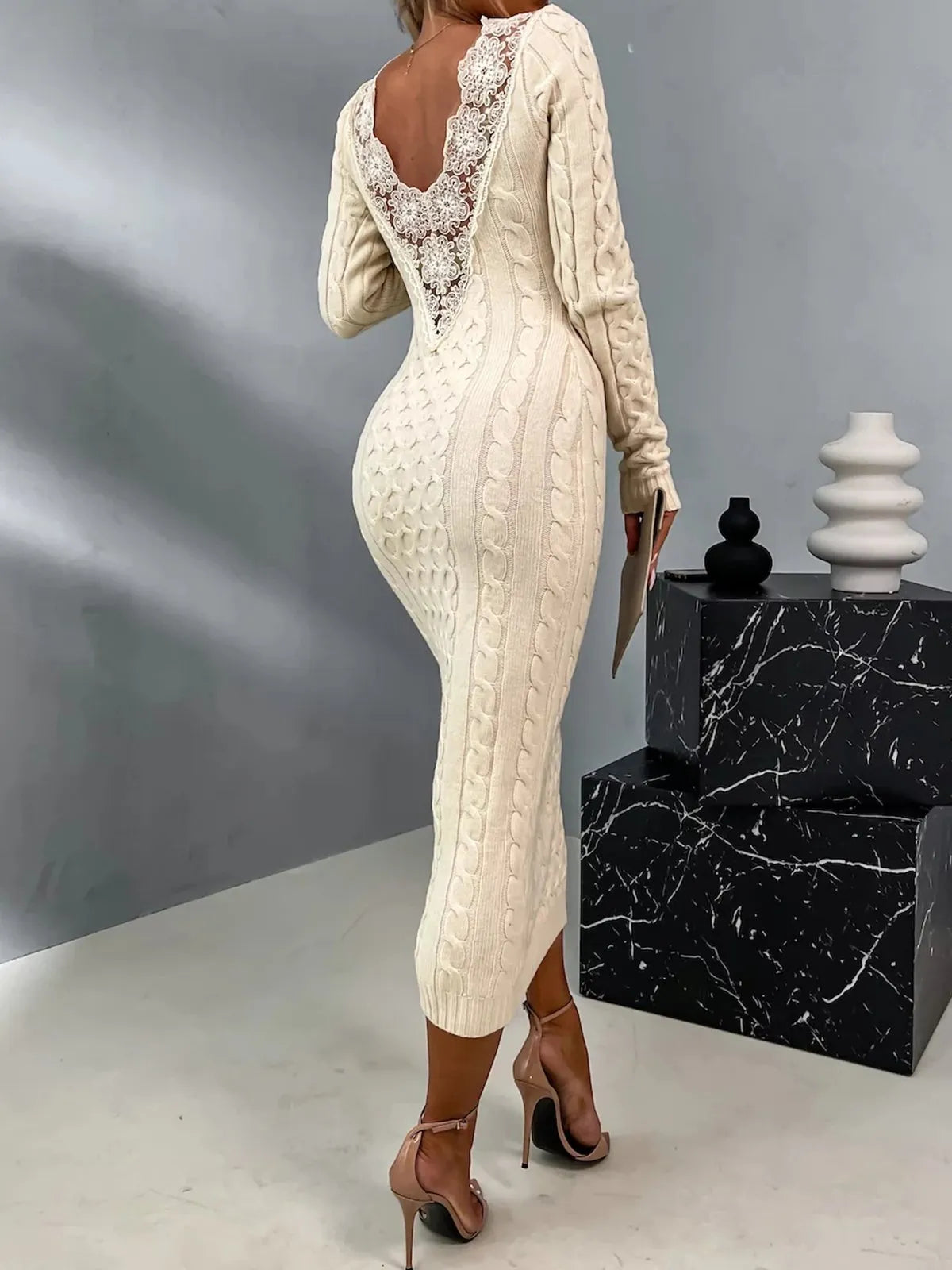 Elegant Lace-Back Sweater Dress – Soft Knit, Winter Fashion, Versatile Chic Style