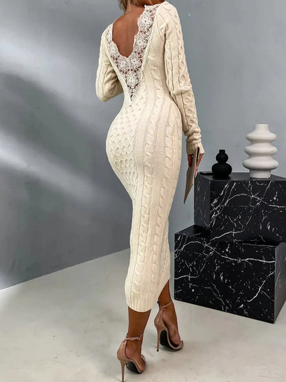 Elegant Lace-Back Sweater Dress – Soft Knit, Winter Fashion, Versatile Chic Style