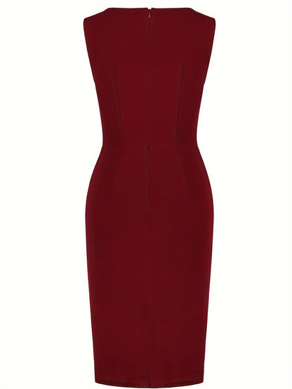 Elegant Asymmetrical Hem Pencil Dress - Stretch Knit Fabric, All-Season Solid Crew Neck