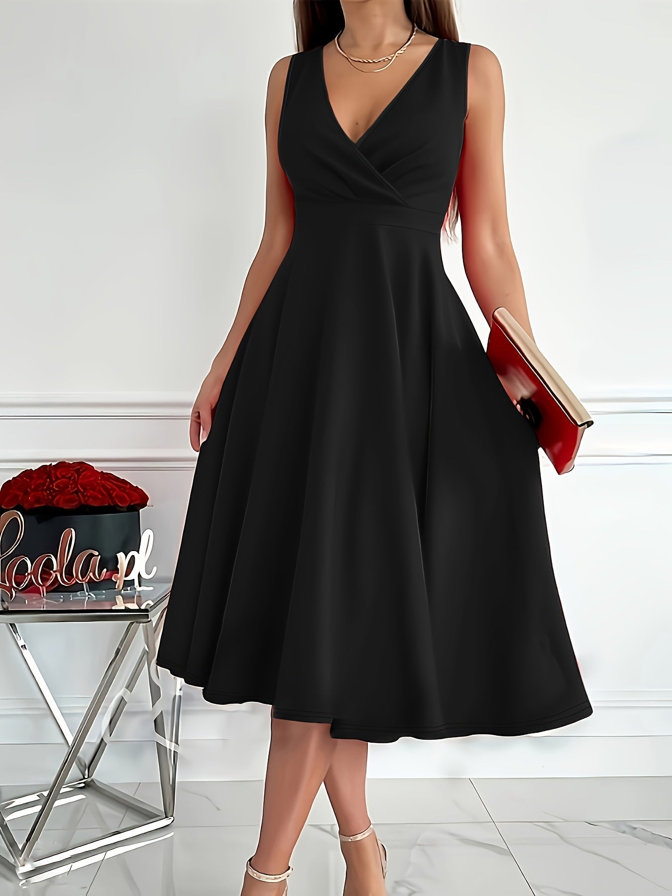 Elegant midi dress with v-neck for women