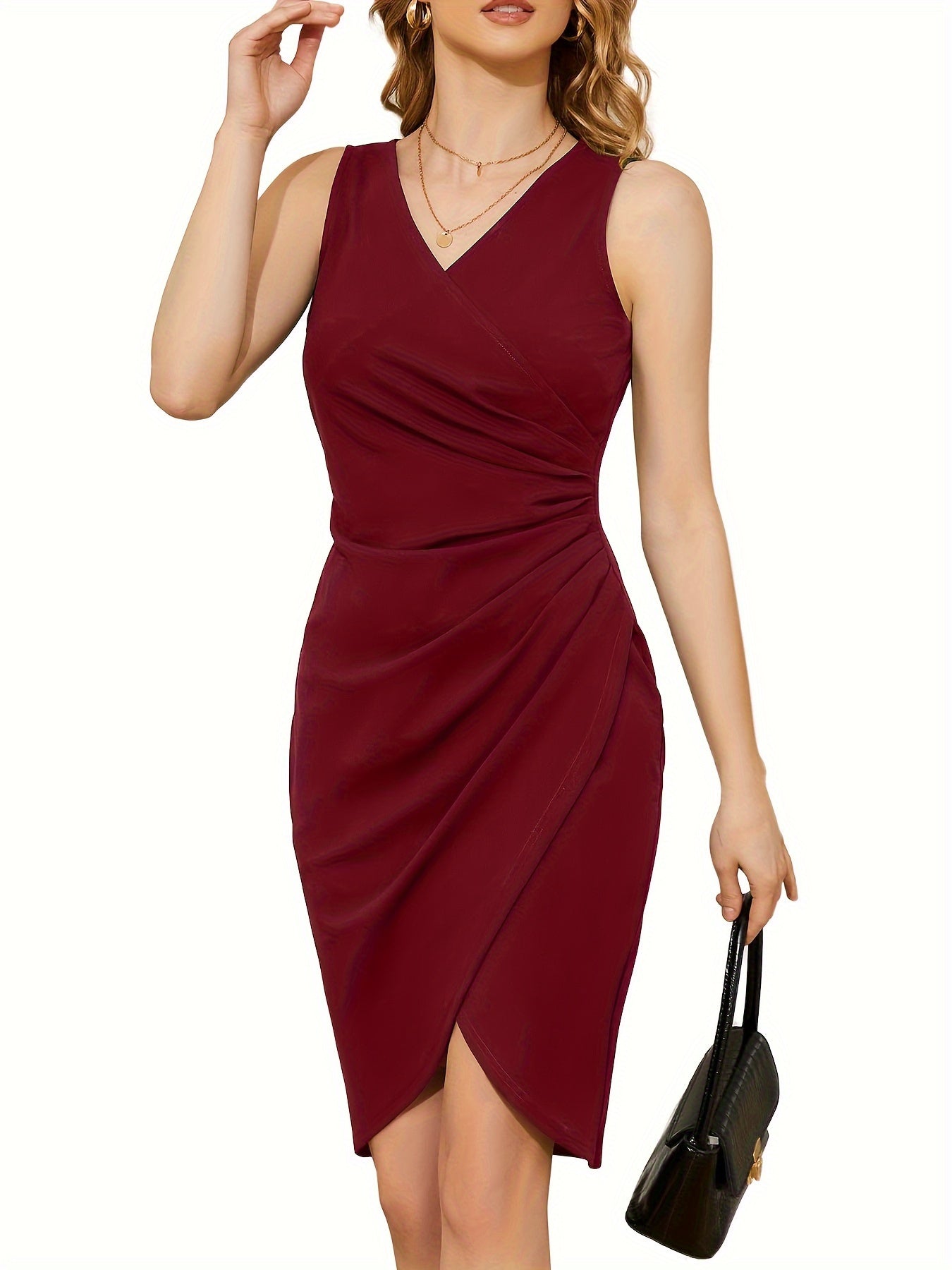 Elegant Asymmetrical Hem Pencil Dress - Stretch Knit Fabric, All-Season Solid Crew Neck