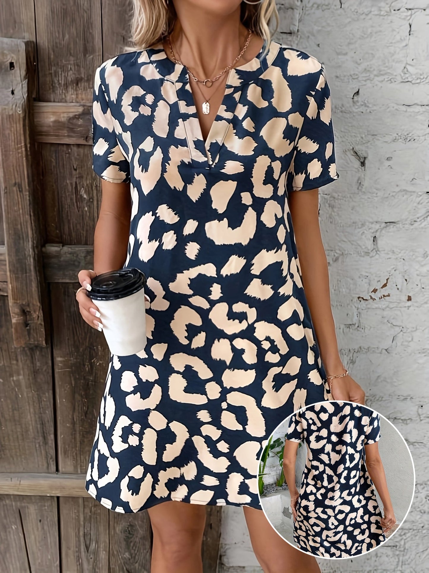 Elegant Leopard Print V-Neck Dress for Women with Short Sleeves