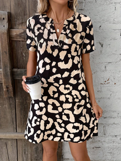 Elegant Leopard Print V-Neck Dress for Women with Short Sleeves