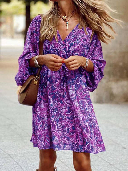 Boho Vintage Print Mini Dress - Stylish Summer Casual V-Neck Short Dress