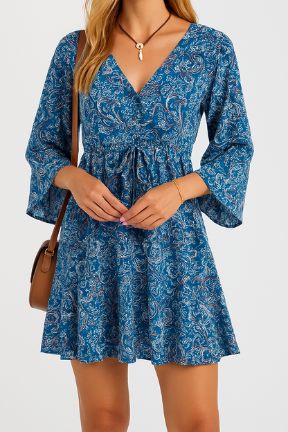 Boho Vintage Print Mini Dress - Stylish Summer Casual V-Neck Short Dress