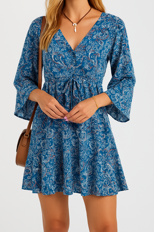 Boho Vintage Print Mini Dress - Stylish Summer Casual V-Neck Short Dress