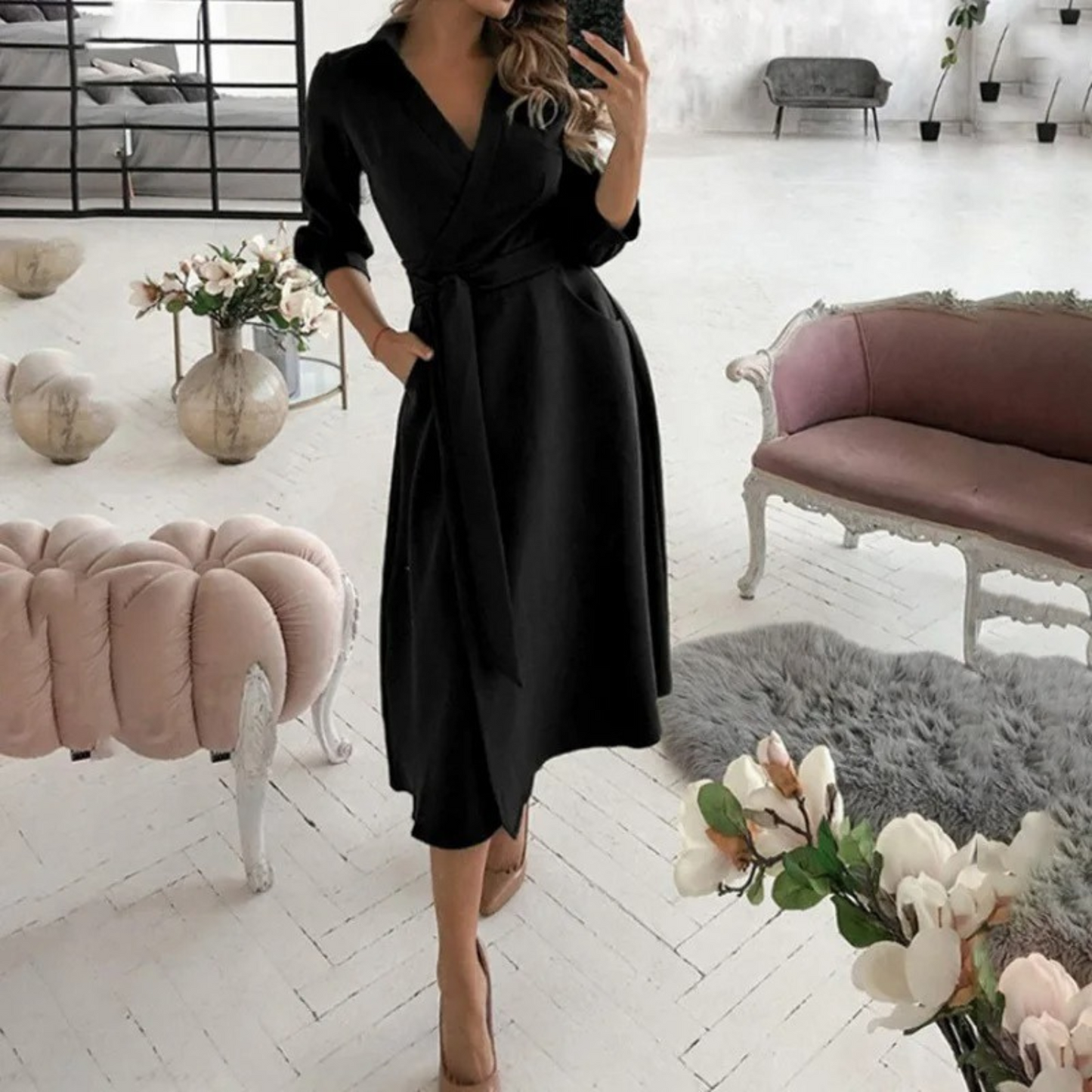 Belted Wrap Midi Dress – Elegant, All-Season Comfort with Tailored Fit & Timeless Style