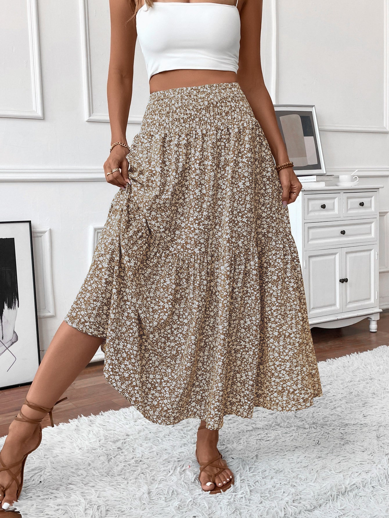 Elegant Floral Umbrella Maxi Skirt
