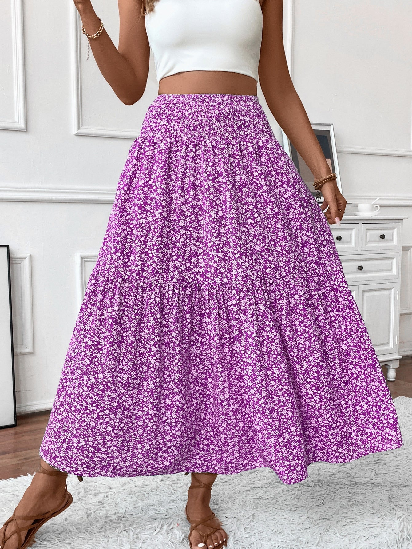 Elegant Floral Umbrella Maxi Skirt