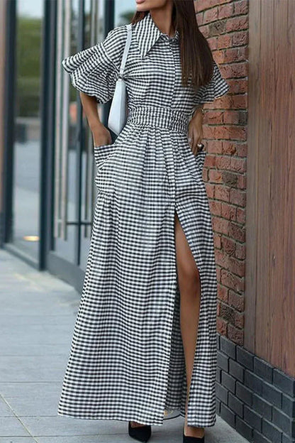 Elegant Checkered Pocketed Shirt Dress with Turn-Down Collar