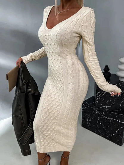 Elegant Lace-Back Sweater Dress – Soft Knit, Winter Fashion, Versatile Chic Style