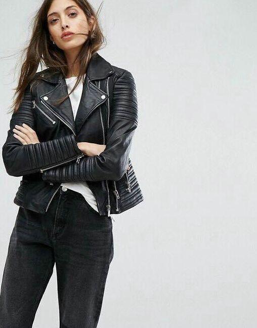 Classic women's leather biker jacket with asymmetrical zipper